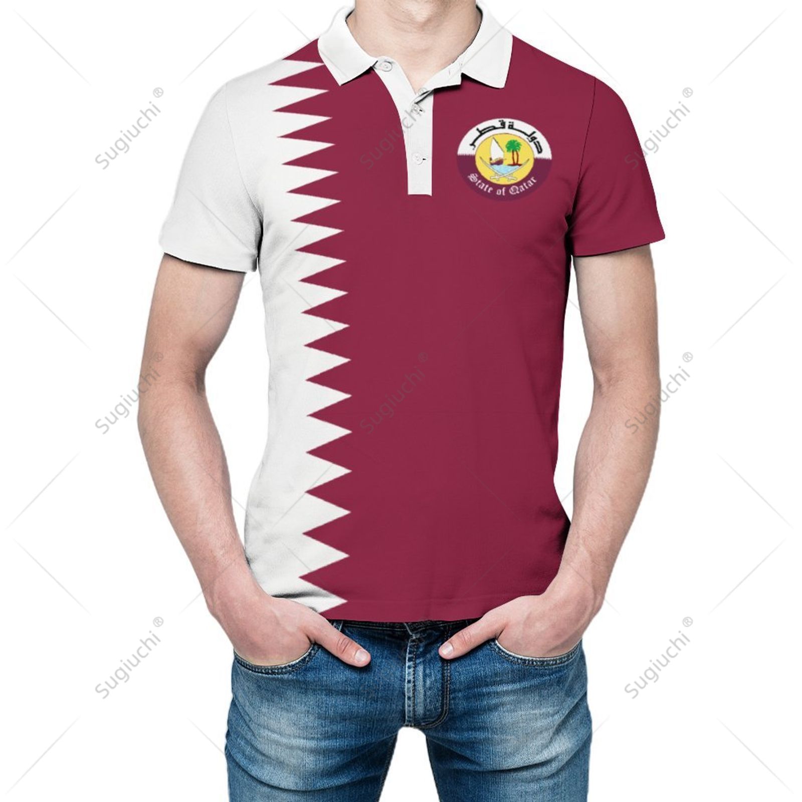 3D Printing Qatar - Kaos Polo Unisex Bendera Qatar Cetak